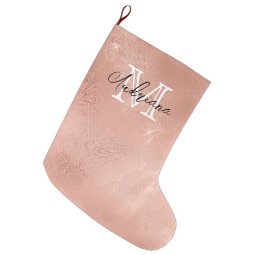 Rose Gold Lace Monogram and Name Large Christmas Stocking