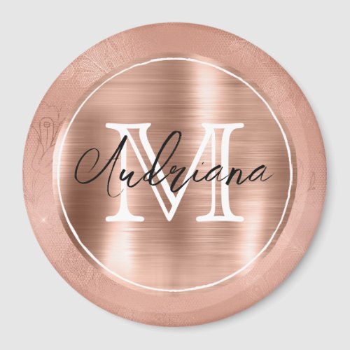 Rose Gold Lace Monogram and Name Magnet