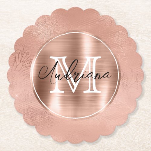 Rose Gold Lace Monogram and Name Paper Coaster