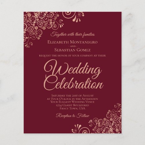 Rose Gold Lace on Burgundy BUDGET Wedding Invite