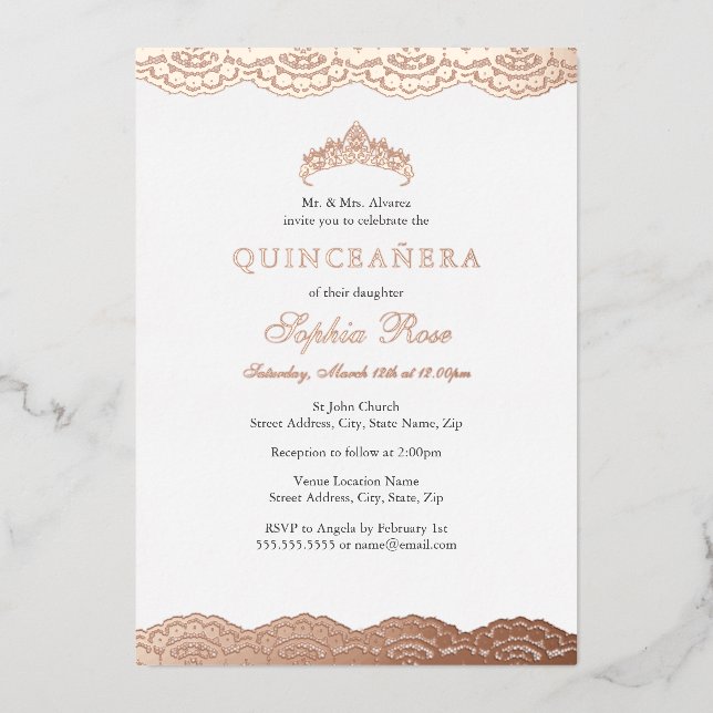 Rose Gold Lace Tiara Quinceanera Foil Foil Invitation (Front)