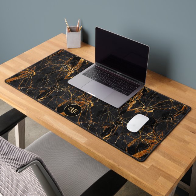 Rose Gold Laced Black Marbled Monogram Desk Mat (Office 2)