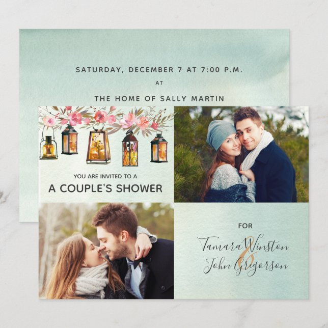 Rose Gold Lantern Floral Watercolor Couples Shower Invitation (Front/Back)