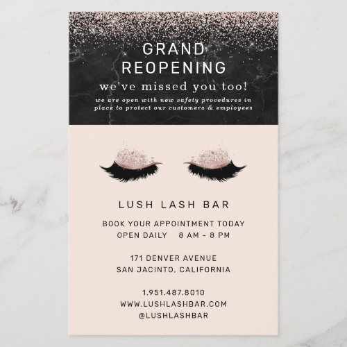 Rose Gold Lash Salon Grand Reopening Covid Safety Flyer