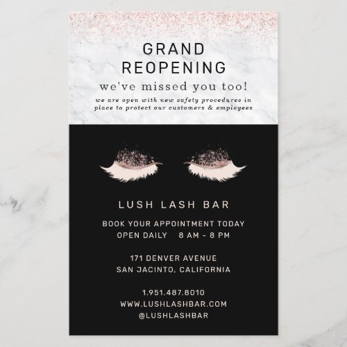 Rose Gold Lash Salon Grand Reopening Covid Safety Flyer