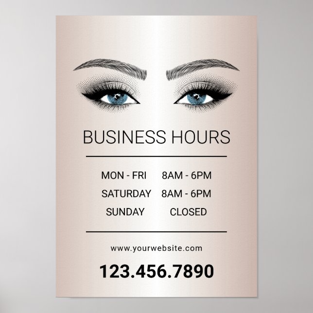 Rose Gold Lashes Brows Beauty Salon Opening Hours Poster (Front)