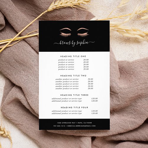 Rose Gold Lashes  Brows  Pricing  Services Flyer