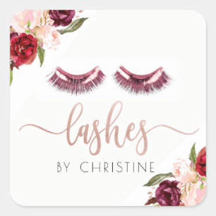 rose gold lashes   burgundy flowers square sticker