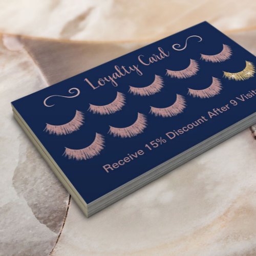 Rose Gold Lashes Salon Elegant Pink  Navy Blue Loyalty Card