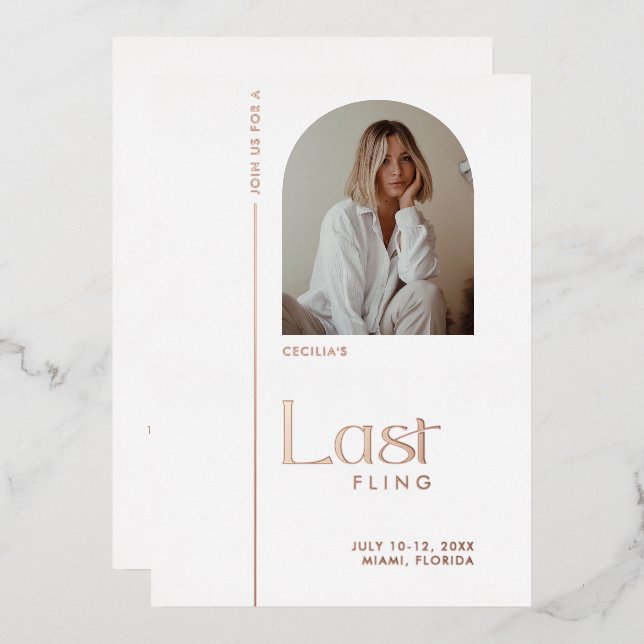 Rose Gold "Last Fling" Bachelorette Photo Foil Invitation (Front/Back)