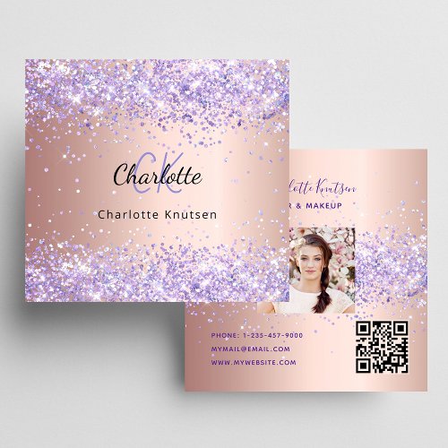 Rose gold lavender glitter photo qr code square business card