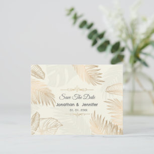 Rose gold leaf and palm save the date wedding announcement postcard