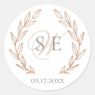 Rose Gold Leaf Elegant Monogram Wedding Classic Round Sticker