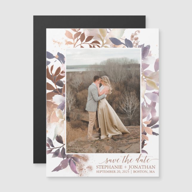 Rose Gold Leaf Photo Wedding Save The Date Magnet (Front/Back)
