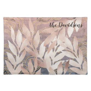Rose Gold Leaf Sprays on Abstract Bkgd Add A Name Cloth Placemat