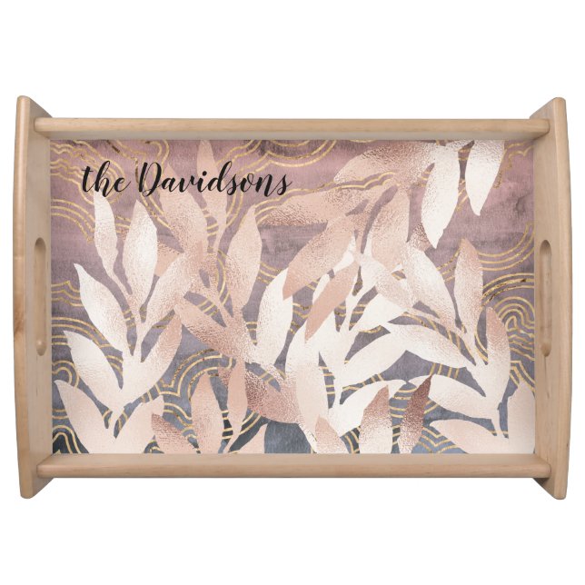 Rose Gold Leaf Sprays on Abstract Bkgd Add a Name Serving Tray (Front)