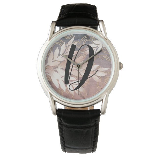 Rose Gold Leaf Sprays on Blue & Pink Customize It Watch (Front)