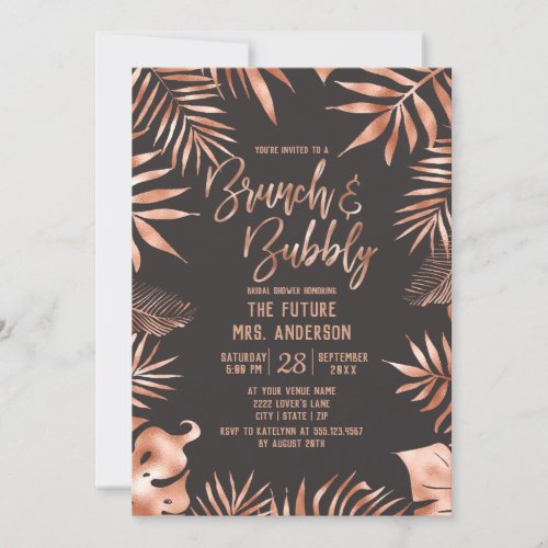 Rose Gold Leaves Brunch  Bubbly Bridal Shower Invitation