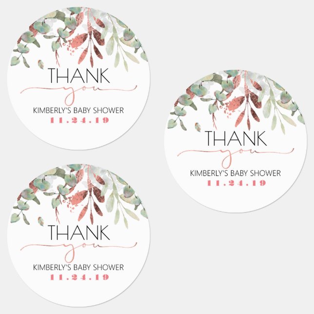 Rose Gold Leaves Greenery Baby Shower Waterproof Labels (Group)