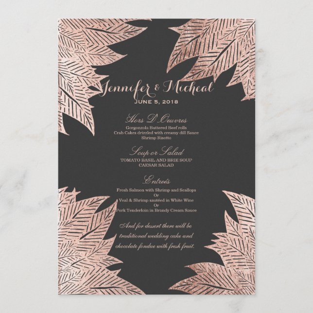 Rose Gold Leaves on Black Wedding Menu (Front)
