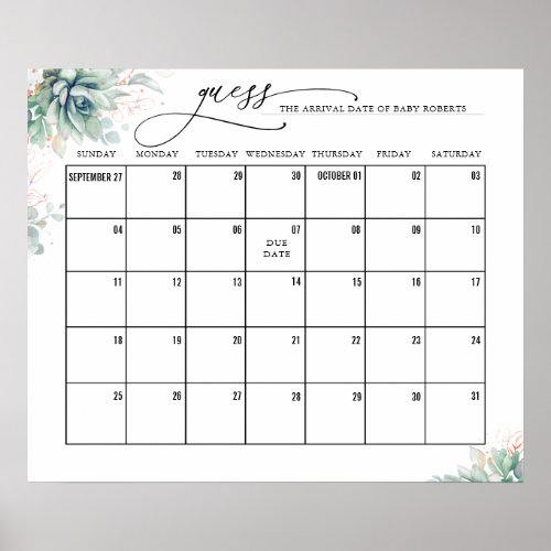 Rose Gold Leaves Succulent Guess Due Date Calendar Poster
