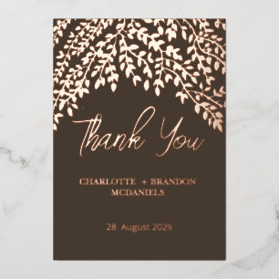 Rose Gold Leaves Wedding Thank You Chocolate Brown Foil Invitation