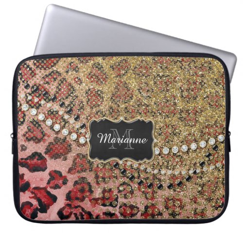 Rose Gold Leopard Animal Print Glitter Look Jewel Laptop Sleeve