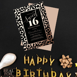 Rose Gold Leopard Cheetah Animal Print Sweet 16 Foil Invitation