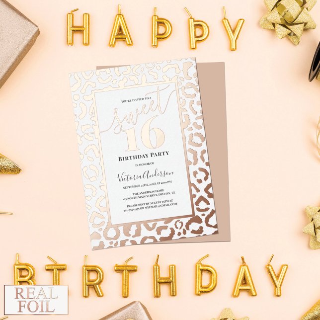 Rose Gold Leopard Cheetah Animal Print Sweet 16 Foil Invitation (Creator Uploaded)