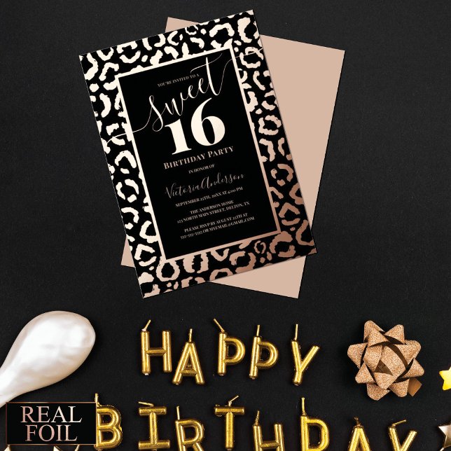 Rose Gold Leopard Cheetah Animal Print Sweet 16 Foil Invitation (Creator Uploaded)