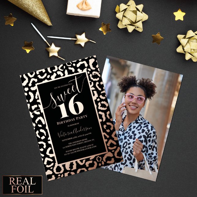 Rose Gold Leopard Cheetah Print Photo Sweet 16 Foi Foil Invitation (Creator Uploaded)