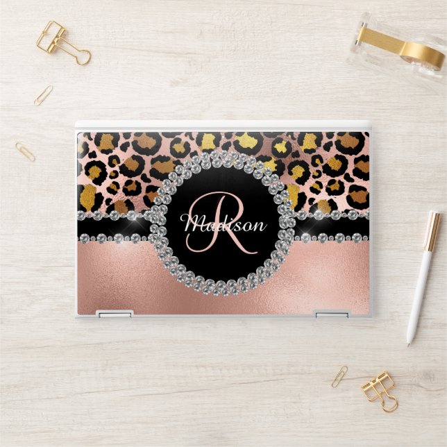 Rose Gold Leopard Diamond Personalized Monogram HP Laptop Skin (Desk)