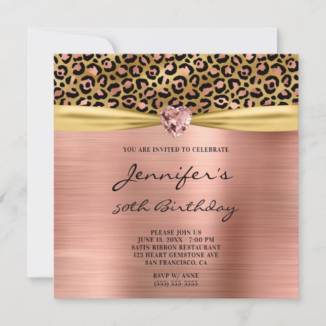 Rose Gold Leopard Foil Gem Heart 50th Birthday Invitation (Front)
