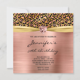 Rose Gold Leopard Foil Gem Heart 50th Birthday Invitation