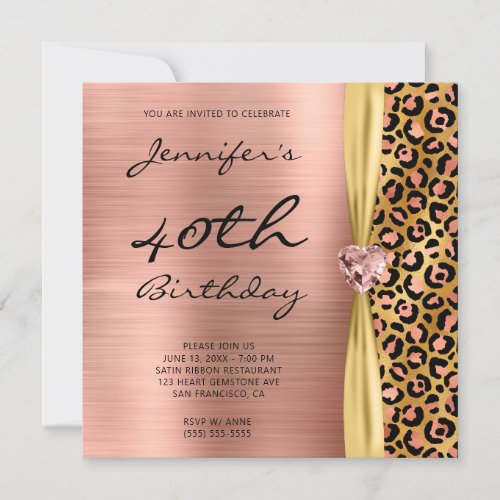 Rose Gold Leopard Foil Gem Ribbon 40th Birthday Invitation