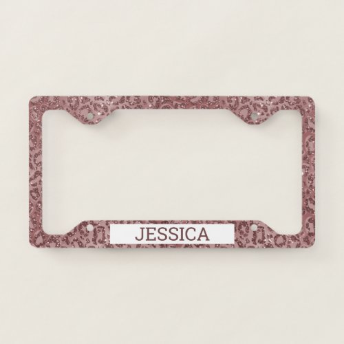 Rose Gold Leopard Glitter Print Personalized License Plate Frame