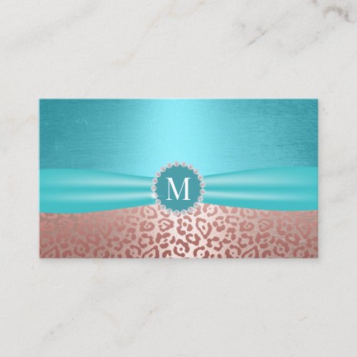 Rose Gold Leopard Modern Turquoise Ribbon Monogram Business Card