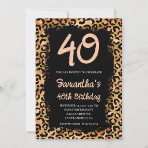 Rose Gold Leopard Painted Black 40th Birthday Invitation