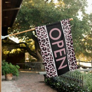 Rose Gold Leopard Print Open Sign for Shop Flag
