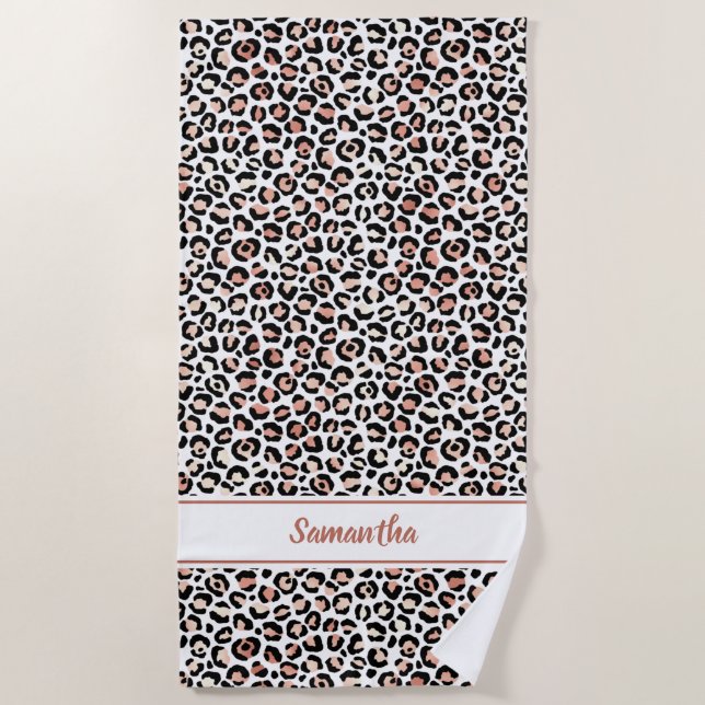 Rose Gold Leopard Print Personalized Beach Towel (Front)