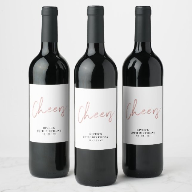 Rose Gold Lettering Cheers Adult Birthday Party Wine Label (Bottles)