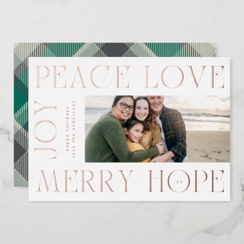 Rose Gold Letters MERRY JOY PEACE LOVE photo Foil Holiday Card