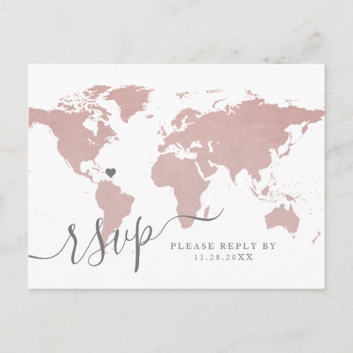 Rose Gold Light Pink World Map Heart RSVP Postcard