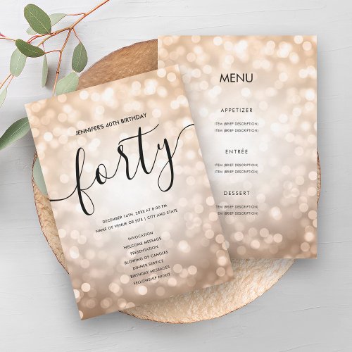 Rose Gold Lights 40th Birthday Menu Program