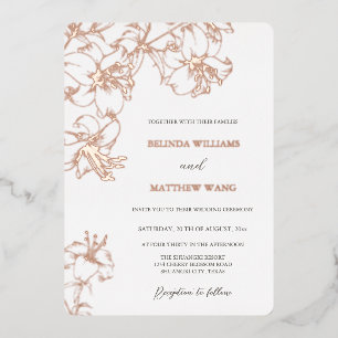 Rose Gold Line Art Lilies Wedding Foil Invitation