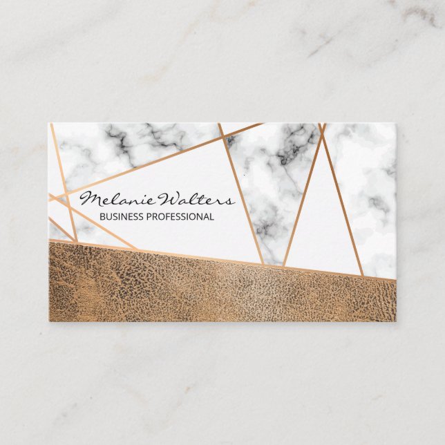 Rose Gold Lines | Brown Worn Leather and Marble Business Card (Front)