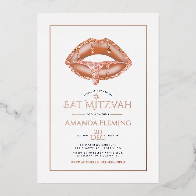 Rose Gold Lips Bat Mitzvah Photo  Foil Invitation (Front)