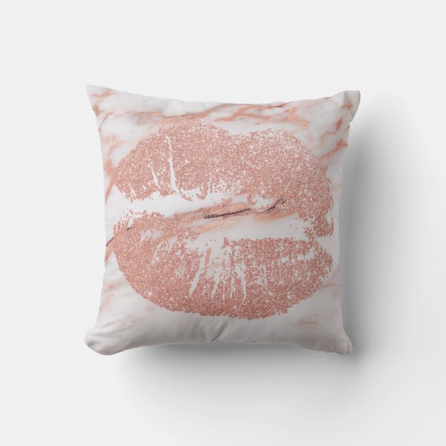 Rose Gold Lips Glitter Blush Copper Kiss Marble Throw Pillow (Front)