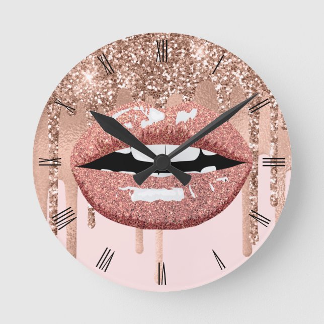 Rose Gold Lips Glitter Drips Beauty Salon Round Clock (Front)