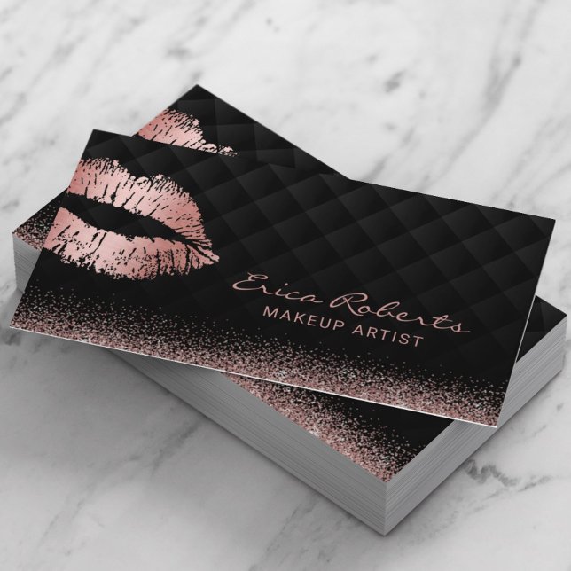 Rose Gold Lips Kiss Luxury Black Beauty Salon Business Card